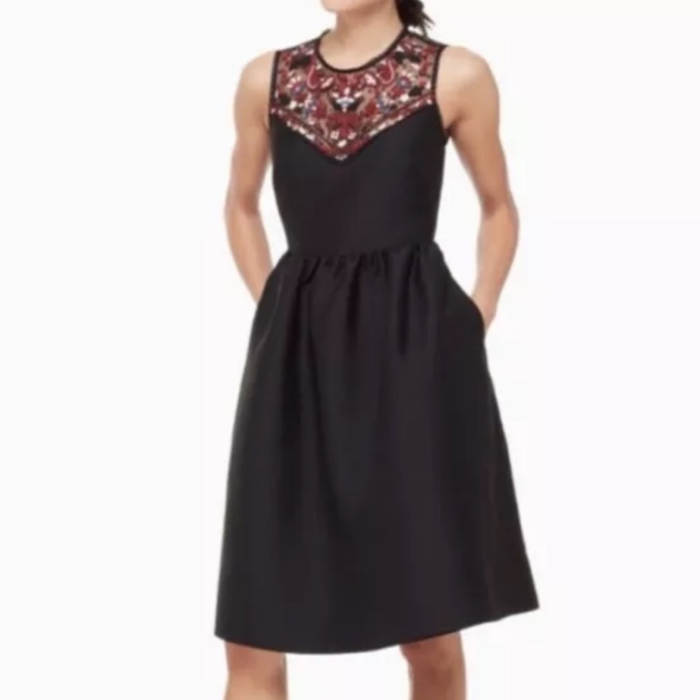 Kate Spade Embroidered Mikado Black Red Floral A Line Dress Size 2 NWOT